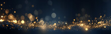 An Abstract Background Featuring Dark Blue And Golden Particles. Christmas Golden Light Shines, Creating A Bokeh Effect On The Navy Blue Background. Gold Foil Texture Is Also Present. 
Generative AI