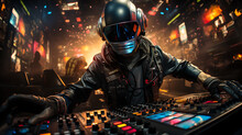 Futuristic Robot DJ Pointing And Playing Music On Turntables. Robot Disc Jockey At The Dj Mixer And Turntable Plays Nightclub During Party. EDM Entertainment Party Concept