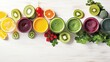 smoothies. fruit and vegetables on white wood background. AI generated.