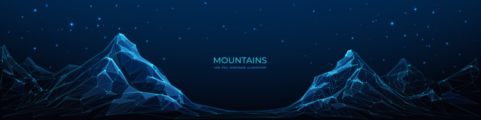 Poster - Abstract mountain valley. Low poly blue digital landscape with mountains and starry sky. Vector template with text blank in the center of banner. Low poly wireframe vector illustration with 3D effect.