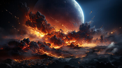 Wall Mural - Massive planetary collision in space. Generative Ai
