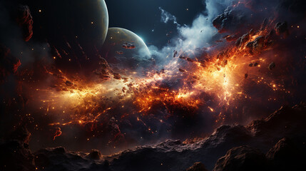 Wall Mural - Massive planetary collision in space. Generative Ai