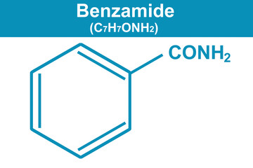 Sticker - Chemistry illustration of Benzamide C7H7NO in blue