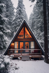 Modern A-frame house cabin in middle of a forest in winter season with house covered in snow