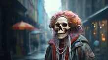 Portrait Caricature Of A Very Old Eccentric Hippie Grandma Skeleton Dressed In Ragged Arty Beaded Clothing With Flowers In A Cold Raining Distant Cyber City Future Street - Generative AI