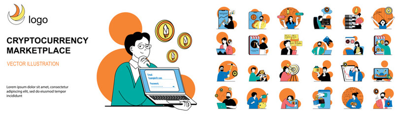 Fototapete - Cryptocurrency marketplace concept with character situations mega set. Bundle of scenes people buying bitcoins, online trading and investing in crypto money. Vector illustrations in flat web design