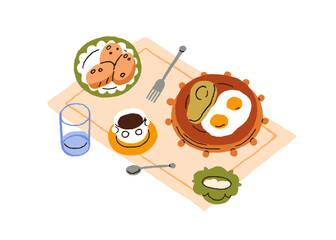 Wall Mural - Breakfast table served with fried eggs, avocado, coffee cup, bread, water glass. Morning dishes, food and drink. Healthy nutritious lunch. Flat vector illustration isolated on white background