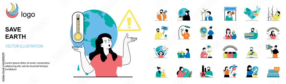 Save Earth concept with character situations mega set. Bundle of scenes ...