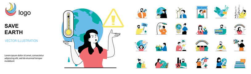 Aufkleber - Save Earth concept with character situations mega set. Bundle of scenes people supporting eco friendly initiatives, recycling waste, using alternative energy. Vector illustrations in flat web design