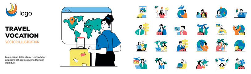 Aufkleber - Travel vacation concept with character situations mega set. Bundle of scenes people traveling, hiking in excursion trips, choosing destinations for journey. Vector illustrations in flat web design