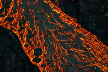 Aerial view of the texture of a solidifying lava field, close-up