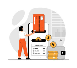 Wall Mural - Mobile banking concept. Сurrency exchange in a virtual wallet. Woman makes financial transactions and manages account and digital wallet in application. Illustration with people scene in flat design