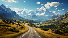 Beautiful Mountain Range With Straight Road Highway. A Long Straight Road Leading Towards A Snow Capped Mountain