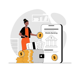 Wall Mural - Mobile banking concept. Financial transactions, payments, online banking, money transfers, and bank account. Illustration with people scene in flat design for website and mobile development.