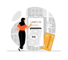 Wall Mural - Mobile banking, online payment concept, money transfers. Woman make online transaction using money transfer in app. Illustration with people scene in flat design for website and mobile development.