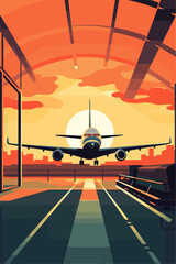 Vector vacation retro style poster with airplane taking off from the airport or landing at the sunset