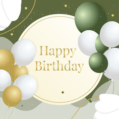 A birthday card with a green gold and yellow balloon theme