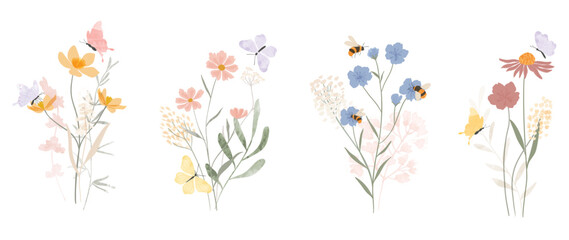 Wall Mural - Set of botanical bouquet vector element. Collection of butterfly, bee, flowers, wildflowers, leaves branch. Watercolor floral illustration design for logo, wedding, invitation, decor, print. 