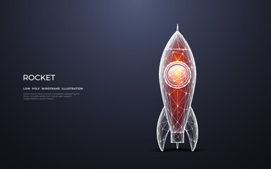 Poster - Abstract retro rocket consists of polygons, lines, and connected dots with bright color effects. Digital spaceship stands before launch. Low poly wireframe with doodle outline. Vector illustration.