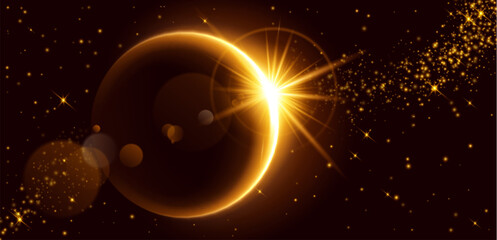 Wall Mural - golden light flare effect on black background. vector realistic illustration of bright solar eclipse