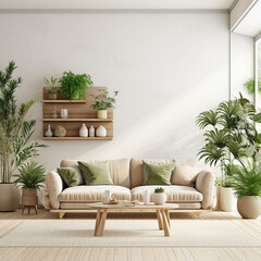 modern living room with a white couch and a lot of green plants