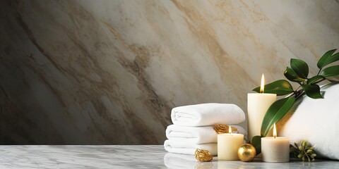 Wall Mural - Beauty treatment items for spa procedures on marble table and gold marble wall. massage stones, essential oils and sea salt. candle, rolled up white towel, plants, copy space