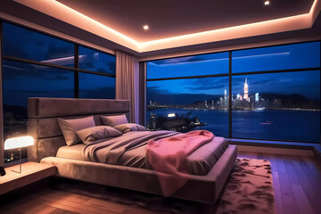 Wall Mural - Modern bedroom interior in the night. Generative ai design.