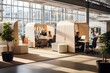 A dynamic image of a flexible workspace in an open space office with movable furniture and adjustable settings. 
This design allows for versatile uses and team collaborations.