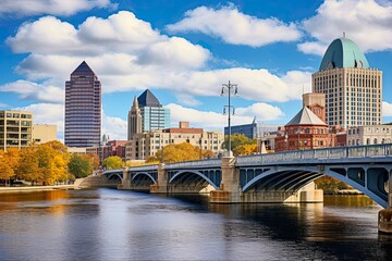 Scenic Downtown Grand Rapids Skyline View from the Riverfront in Michigan's Vibrant Cityscape (AR 3:2): Generative AI