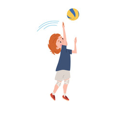 Canvas Print - Boy volleyball player raised hands up to hit the ball, happy kid play sport game, cartoon vector isolated illustration