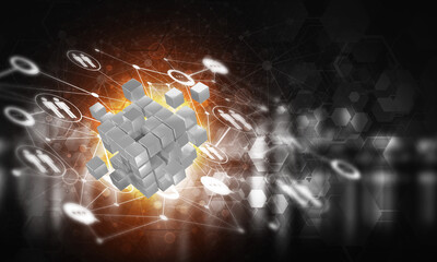 Wall Mural - concept of internet and networking with digital cube figure on dark background