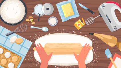 baking table top view. measuring spoon, wooden chopping board, rolling pin, bread knife, bowl and cu