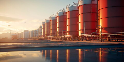 Large storage tanks and silos used for storing raw materials in an industrial facility. Generative Ai