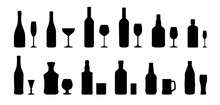 Alcohol Bottle And Glasses Silhouette Collection. Black Alcohol Drinks Icon