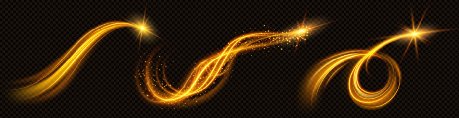Wall Mural - realistic set of golden light vortex effects isolated on transparent background. vector illustration