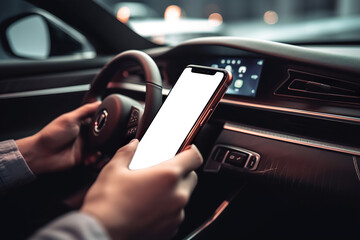 Close-up, hand holding smartphone with empty screen mockup. Car application concept