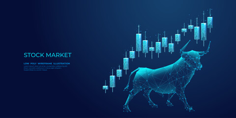Leinwandbilder - Japanese Bull and candlesticks on a technology blue background. Stock market exchange or financial technology concept. Low poly wireframe vector illustration. Polygonal bull with futuristic elements.