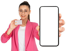 Mobile E-commerce Offer, Portrait Of Attractive Woman Holding Bank Credit Card And Showing White Blank Empty Screen Mobile Cell Phone Mock Up. Transparent, Png Background. Easy Online Money.