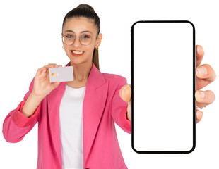 Mobile e-commerce offer, portrait of attractive woman holding bank credit card and showing white blank empty screen mobile cell phone mock up. Transparent, png background. Easy online money.