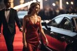 Couple arriving with limousine walking red carpet, Woman in a luxurious dress on a red carpet. Blurred Background with a Copy Space. Made With Generative AI.
