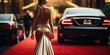 Rear view of a beautiful woman in a golden evening dress on a red carpet.