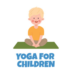 Canvas Print - Cute blonde boy sitting cross-legged and meditating in yoga pose, healthy yoga exercise vector cartoon illustration