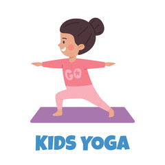 Wall Mural - Cute girl standing in yoga pose, happy little kid doing yoga exercise, cartoon children healthy lifestyle vector poster