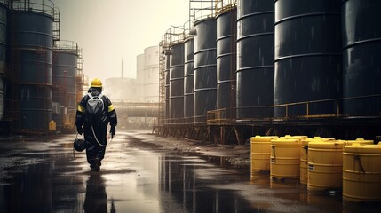 Chemical worker carrying canisters with hazardous materials and standing by large storage acid tanks, with generative ai