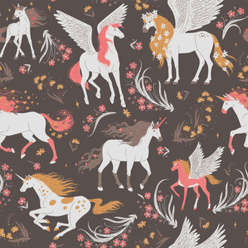Wall Mural -  - Fantastic fairy horses, unicorns and pegasus, seamless pattern - cartoon flat vector illustration.