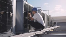 Engineer Under Checking The Industry Cooling Tower Air Conditioner Is Water Cooling Tower Air Chiller HVAC Of Large Industrial Building To Control Air System With Generative Ai