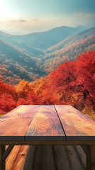 Wall Mural - Wooden bench and view of the autumn mountains, generative AI.