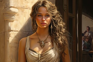 Helen of Troy the most beautiful woman in the world from Homer’s epic the Iliad standing on the Troy’s city walls overlooking the city.  