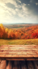 Wall Mural - Wooden bench and view of the autumn mountains, generative AI.