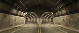 Fototapeta Perspektywa 3d - 3D render of a road tunnel branching into two paths with night illumination. Photorealistic 3D illustration.